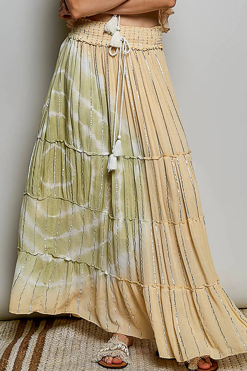 POL Shimmer Tiered Reverse Ruffle Smocked Waist Maxi Skirt | Tigbuls