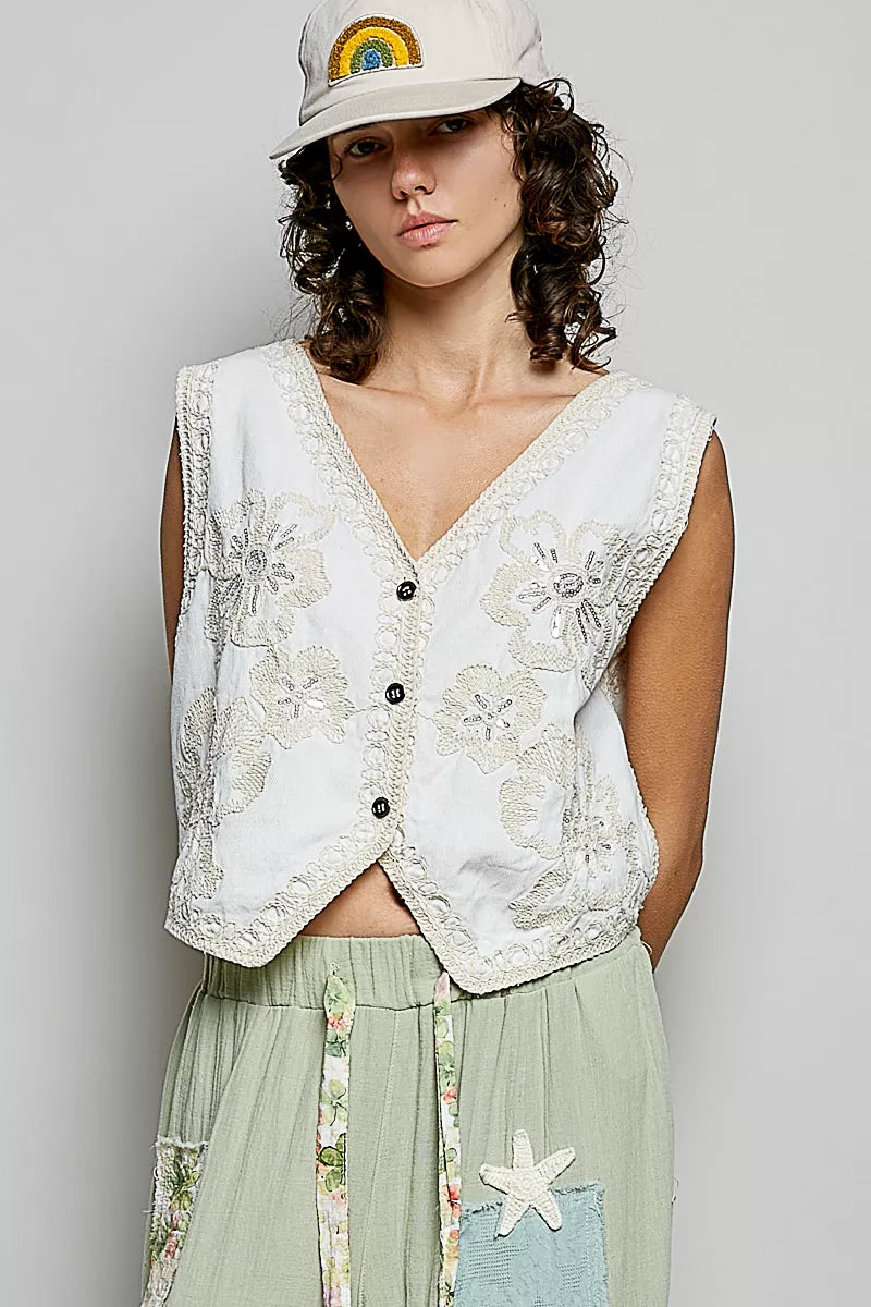 White Embroidered Floral V-Neck Button Down Crochet Vest | Tigbuls