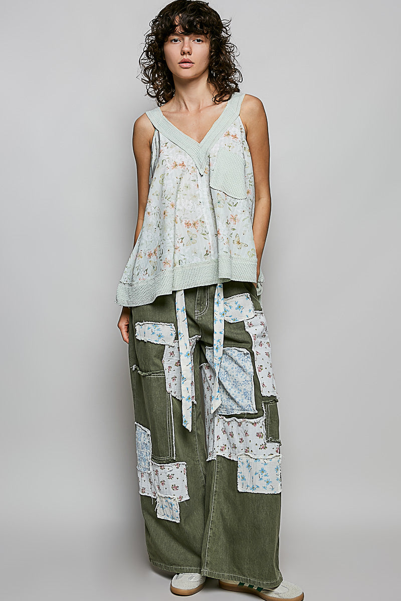 POL floral V-neck tank with patch pocket and textured hem, sage multi