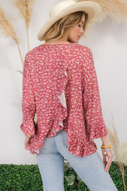 Celeste Full Size Floral Ruffle Detail Top - Tigbul's Variety Fashion Shop