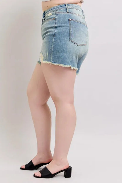 Judy Blue Plus Size High Rise Washed Fly Stitch Detail and Destroy Denim Shorts - Tigbul's Variety Fashion Shop