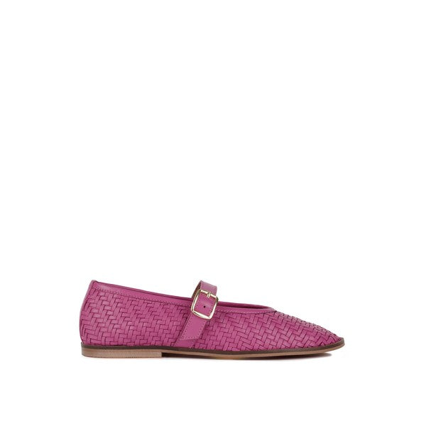 Fuchsia woven leather ballerina flat with gold-tone buckle strap