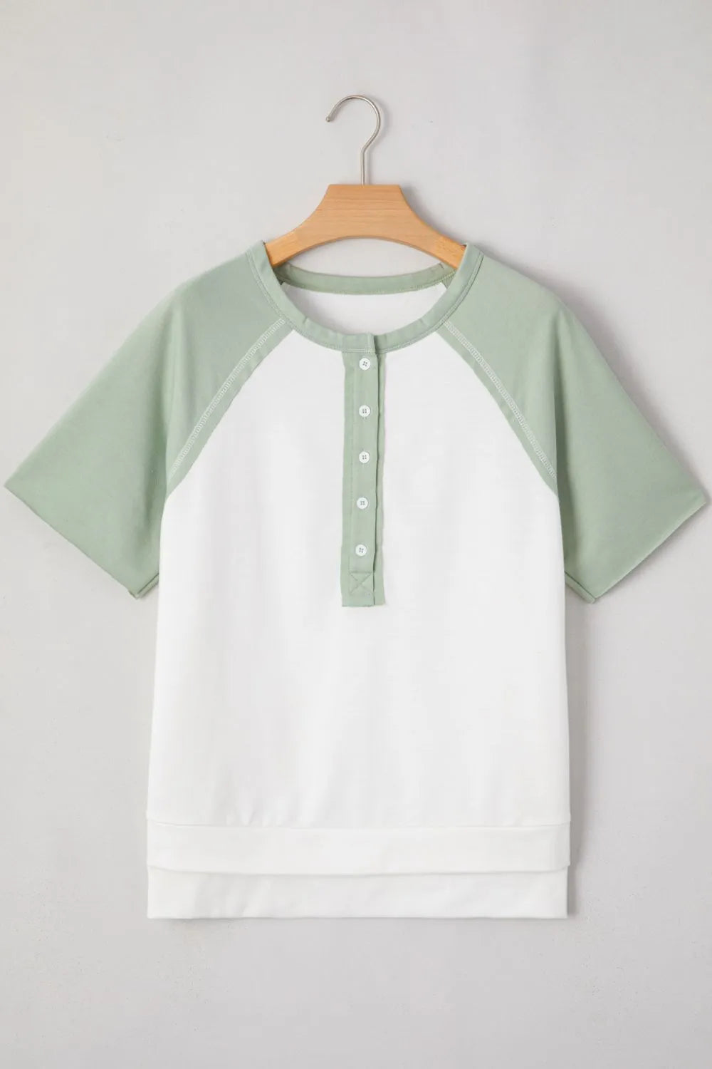 Color Block Raglan Short Sleeve Half Buttons High Low T Shirt - Tigbul's Variety Fashion Shop