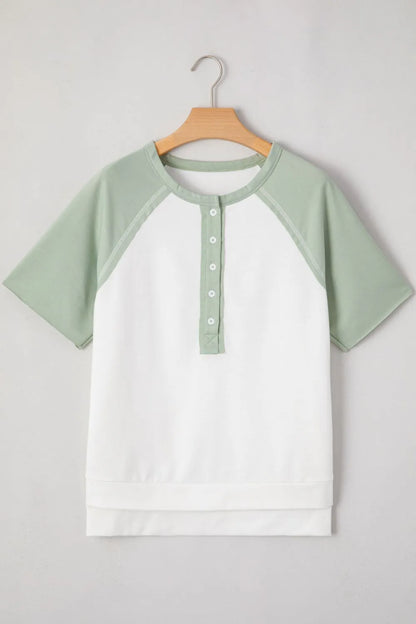 Color Block Raglan Short Sleeve Half Buttons High Low T Shirt - Tigbul's Variety Fashion Shop