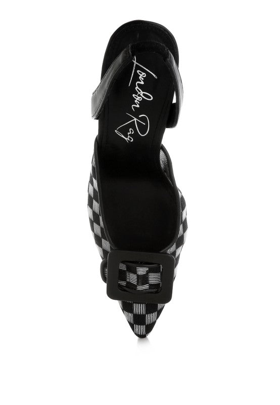 Back view of black stiletto slingback with checkered mesh and buckle detail