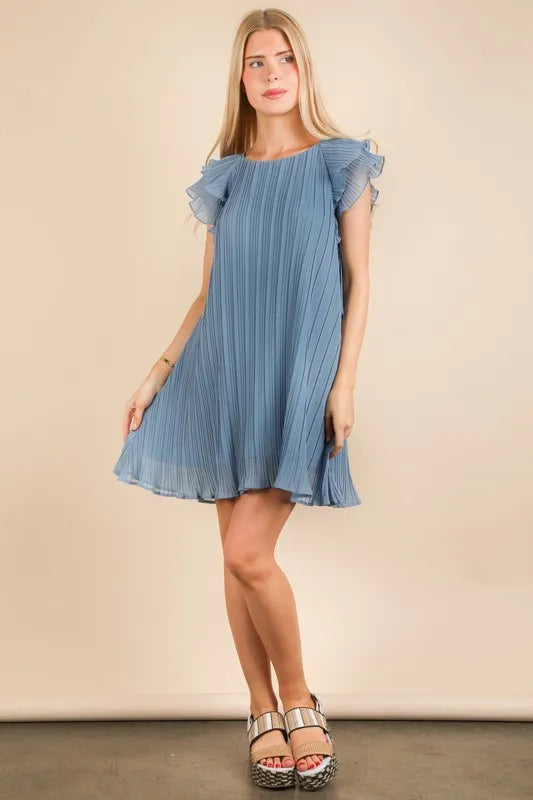 Blue Plus Size Ruffle Sleeve Pleated Woven Mini Dress - Tigbul's Variety Fashion Shop