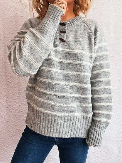 Striped Button Detail Long Sleeve Sweater - Tigbul's Variety Fashion Shop