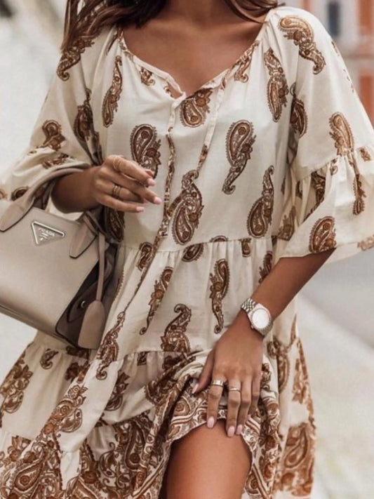 Paisley Print Tie Neck Half Sleeve Mini Dress - Tigbul's Variety Fashion Shop