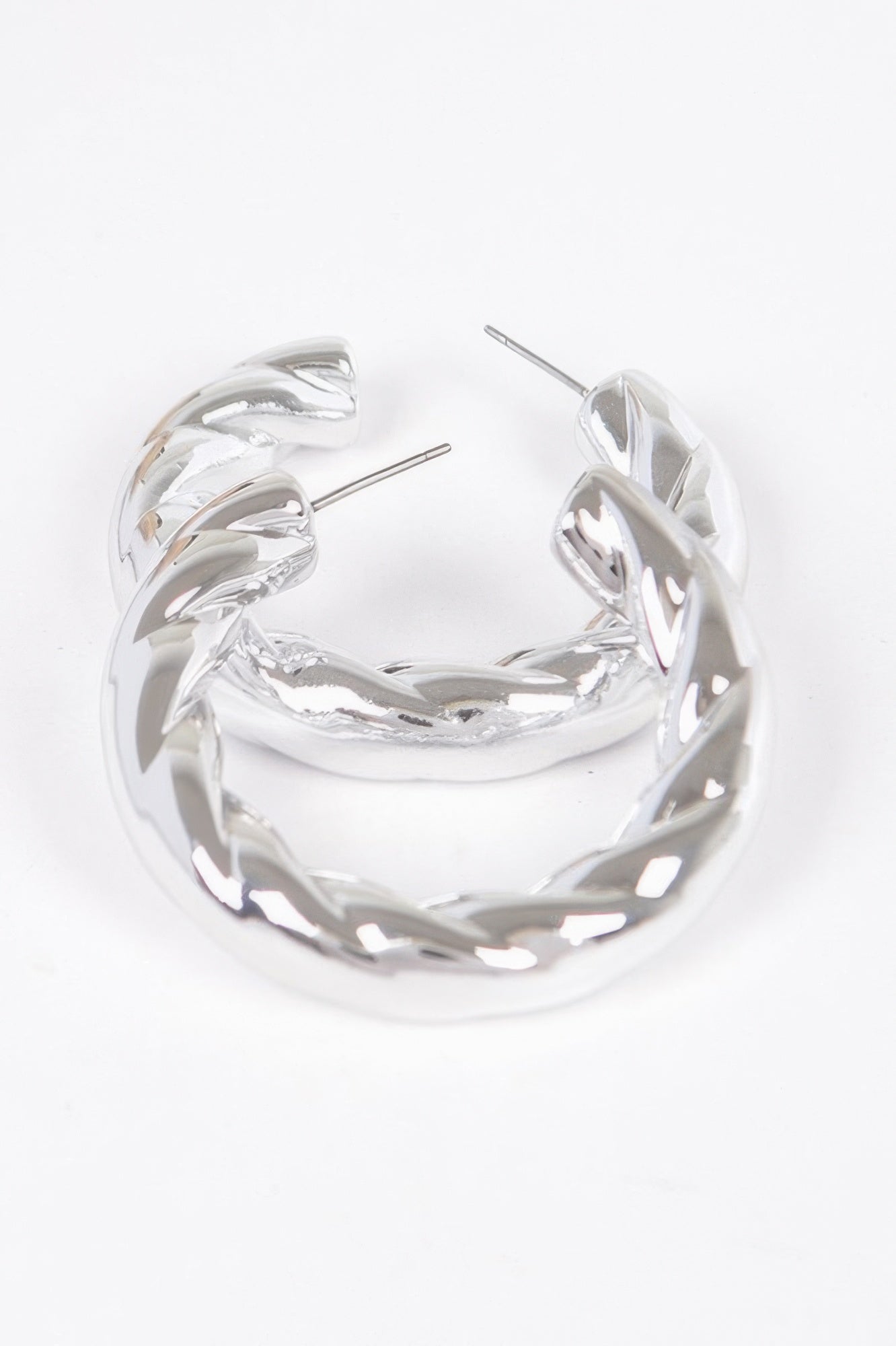 Silver CCB hoop earrings, twisted wavy oval hoop with stud posts
