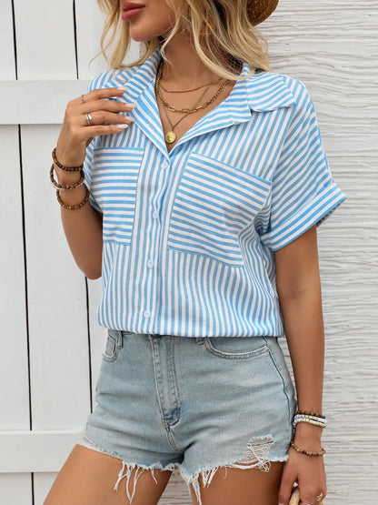 Striped Collared Neck Short Sleeve Shirt - Tigbul's Variety Fashion Shop