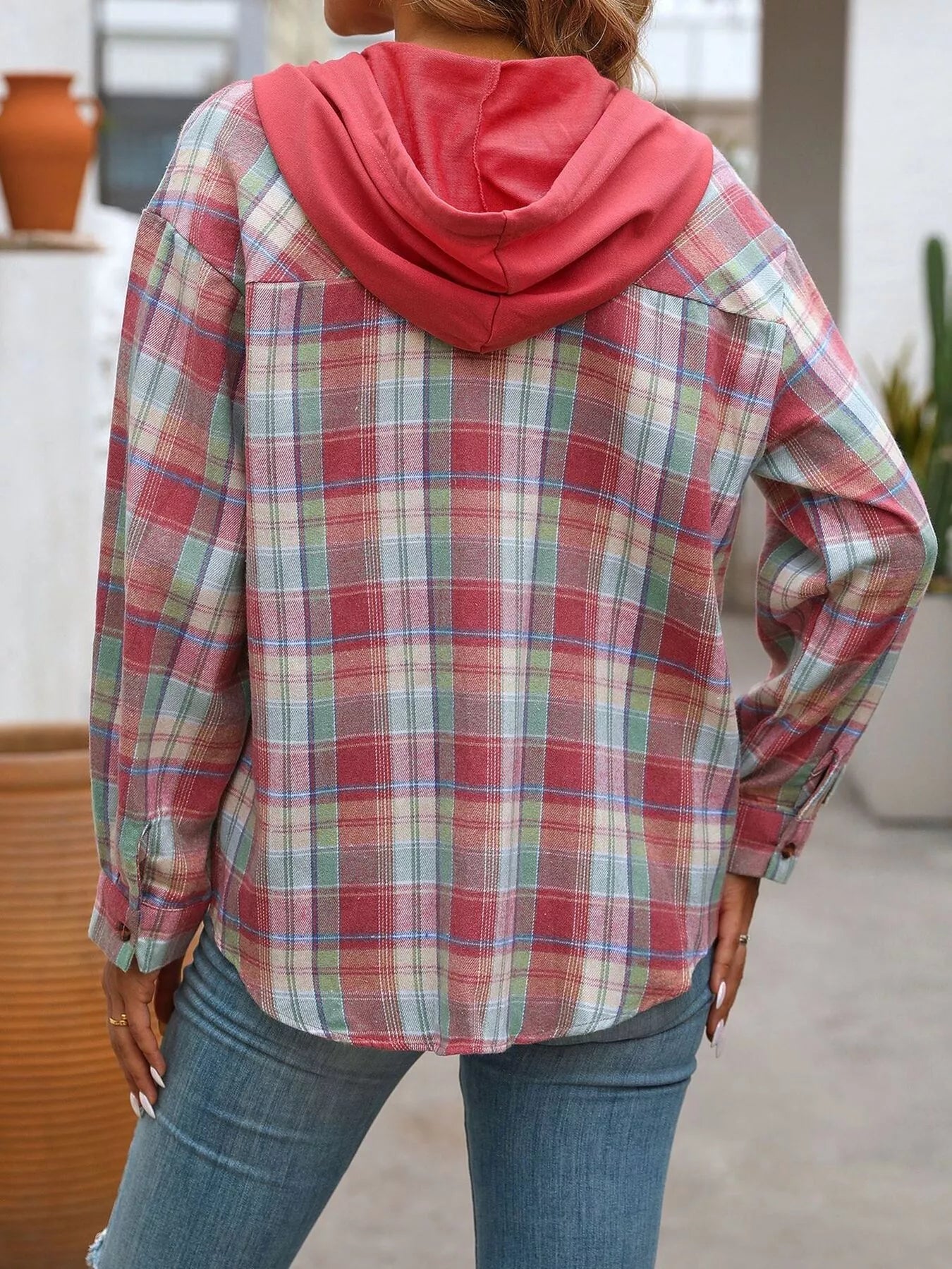 Hooded Plaid Button-Up Shirt - Tigbul's Variety Fashion Shop