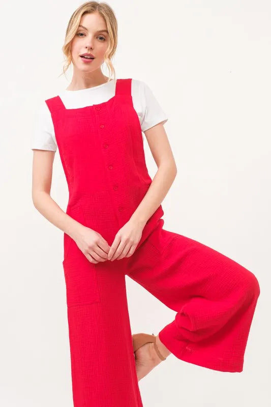 Red Gauze Loose Fit Tied Back Overalls - Tigbul's Variety Fashion Shop