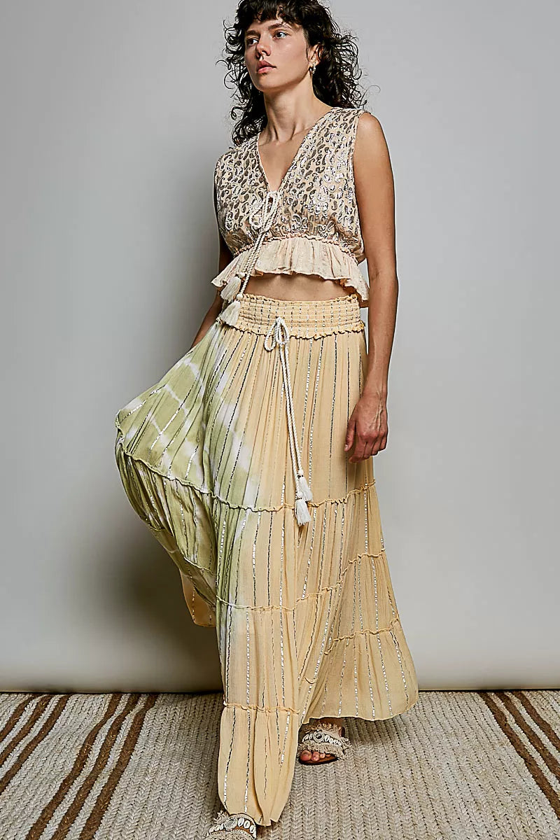 POL Shimmer Tiered Reverse Ruffle Smocked Waist Maxi Skirt | Tigbuls