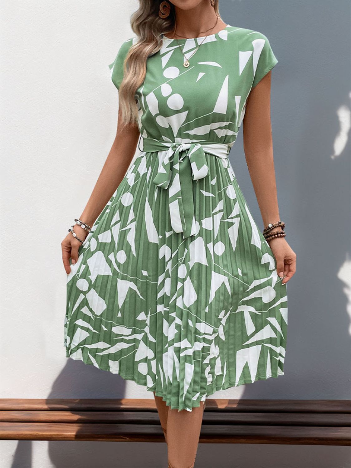 Tied Pleated Printed Cap Sleeve Dress - Tigbul's Variety Fashion Shop