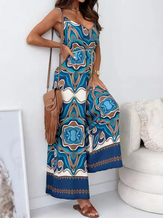 Printed V-Neck Wide Leg Jumpsuit - Tigbul's Variety Fashion Shop