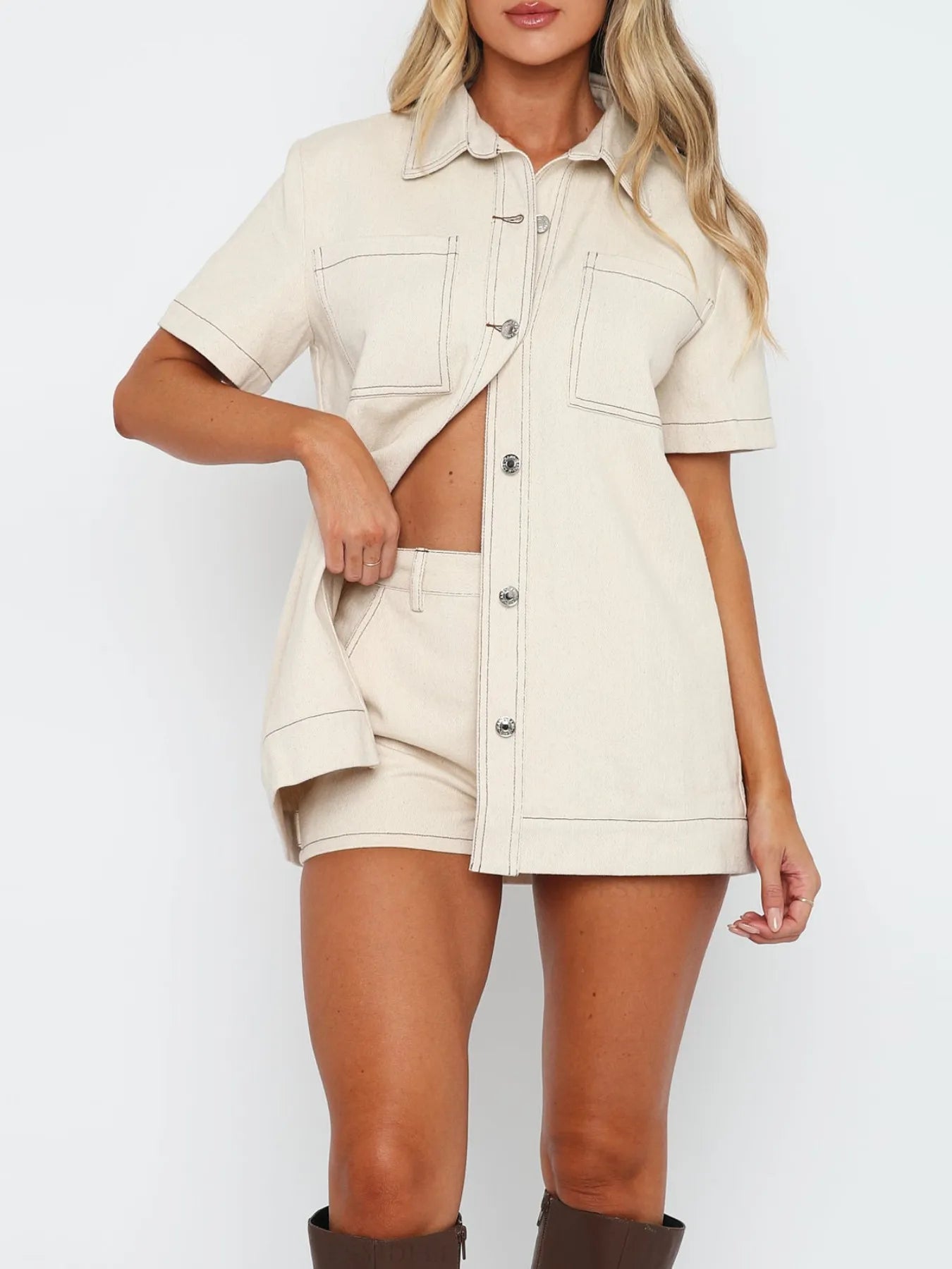 Button Up Short Sleeve Top and Shorts Denim Set - Tigbul's Variety Fashion Shop