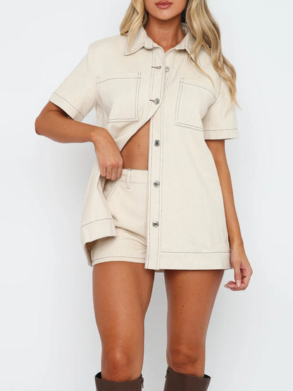 Button Up Short Sleeve Top and Shorts Denim Set - Tigbul's Variety Fashion Shop