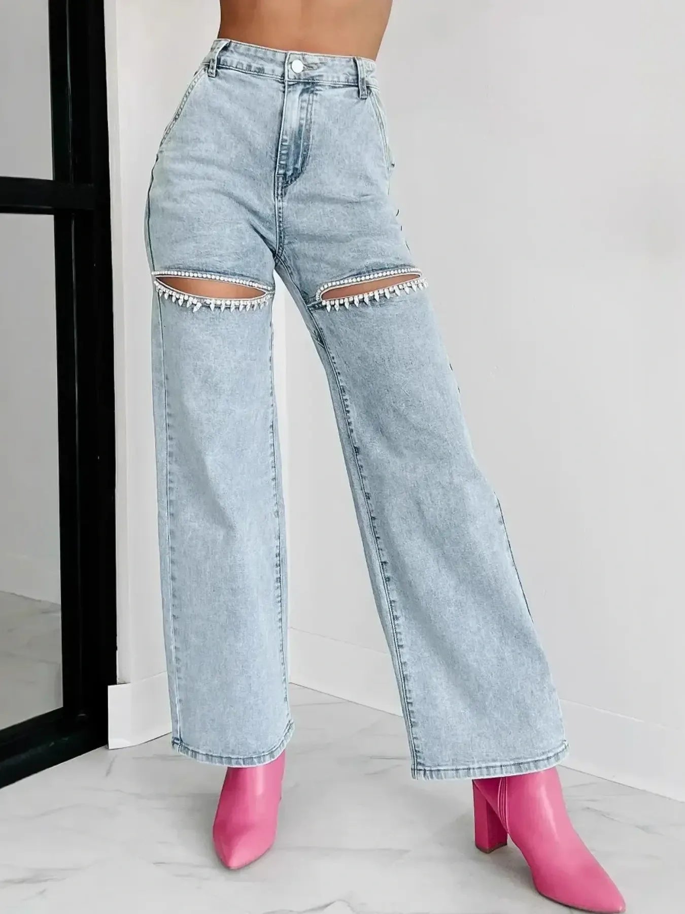 High Waist Cut-Out Wide Leg Jeans - Tigbul's Variety Fashion Shop