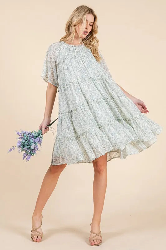 Lime 'N' Chili Ditsy Floral Print Sheer Ruffle Detail Mini Dress - Tigbul's Variety Fashion Shop