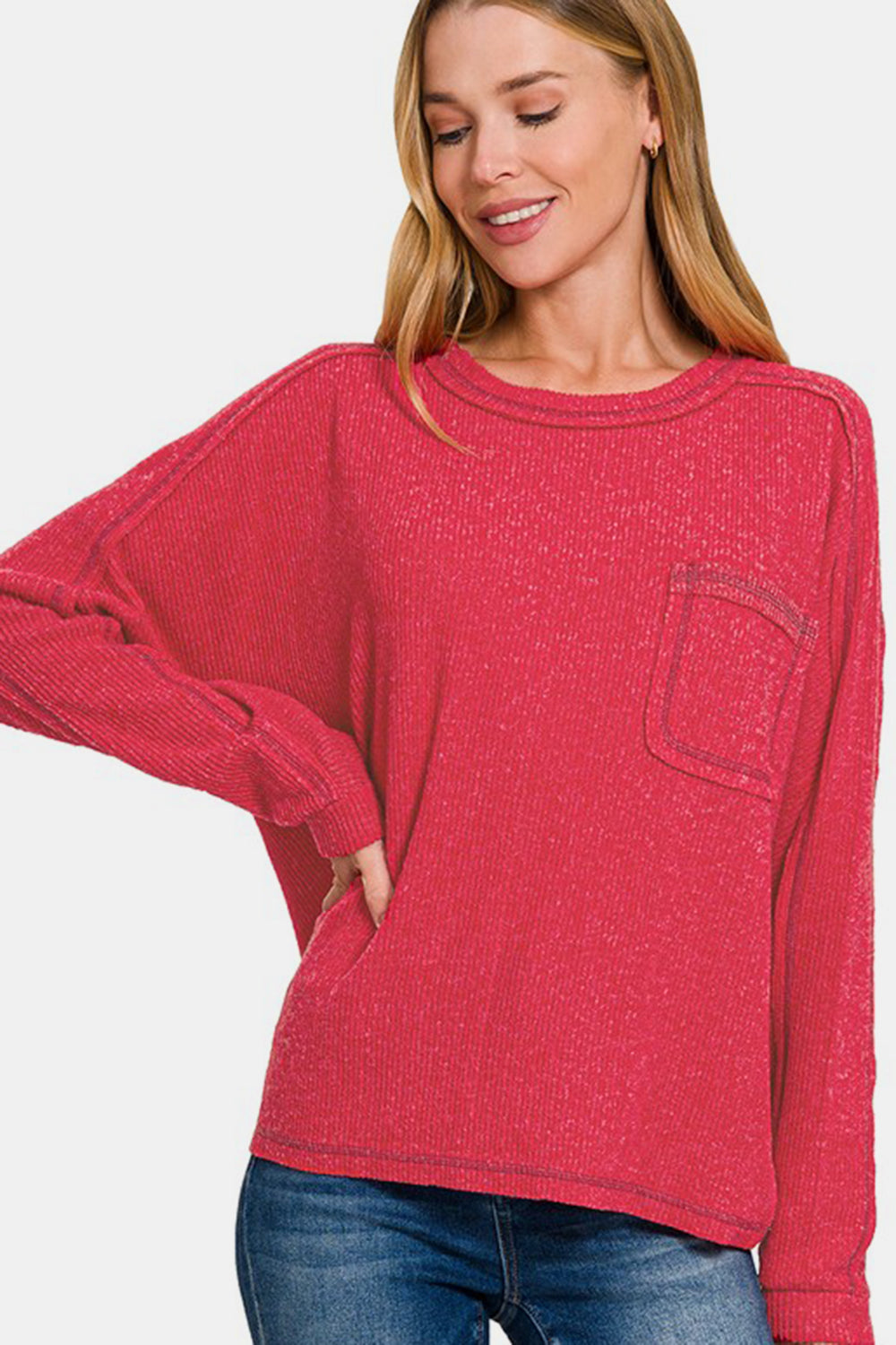Red Full Size Contrast Stitching Brushed Ribbed Hacci Knit Top - Tigbul's Variety Fashion Shop