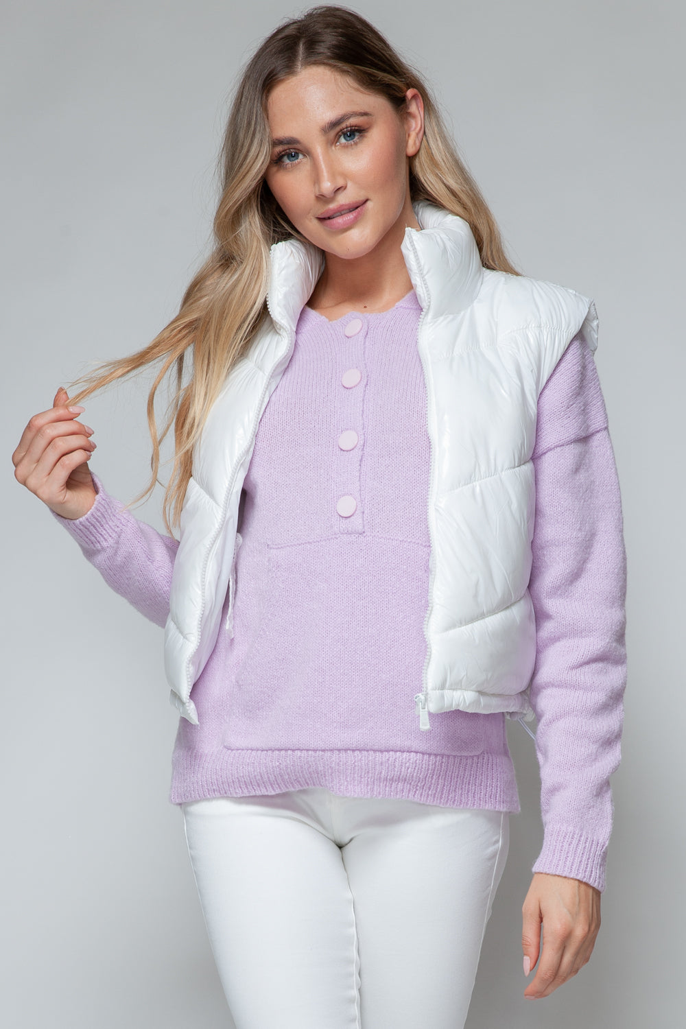 White Zip Up Turtleneck Shiny Quilted Vest - Tigbul's Variety Fashion Shop