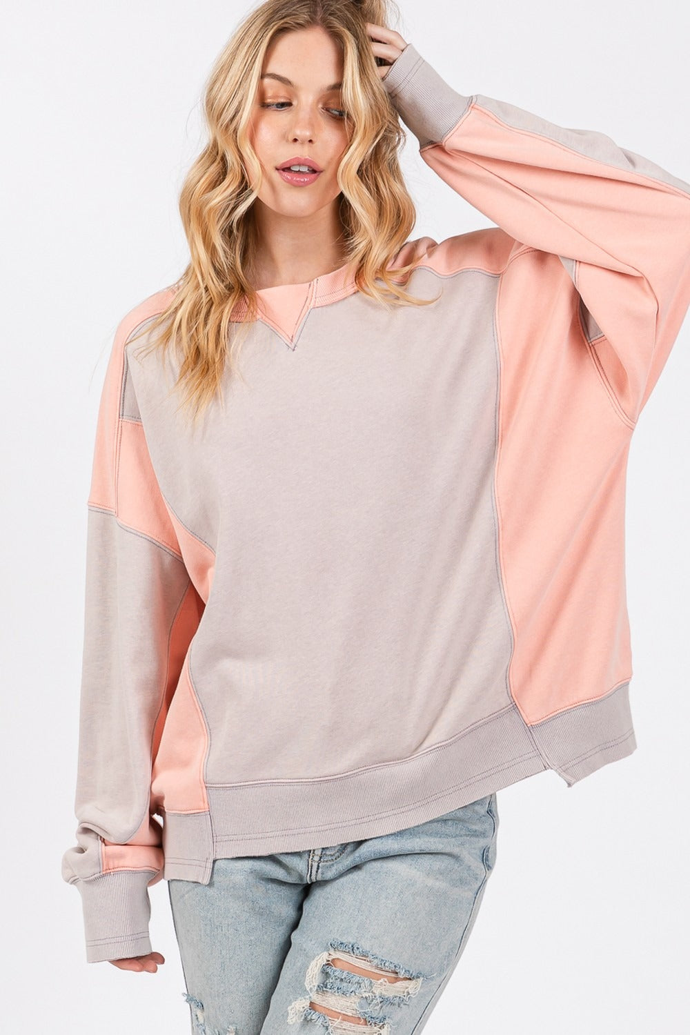 SAGE + FIG Color Block Round Neck Sweatshirt - Tigbul's Variety Fashion Shop