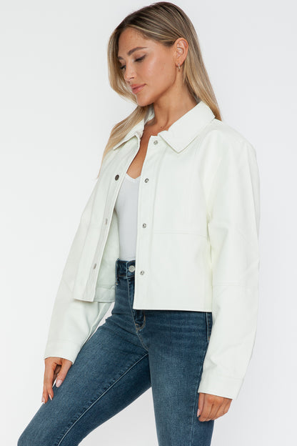 White Snap Down Long Sleeve PU Leather Jacket