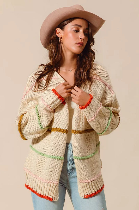 SO ME Loose Fit Multi Stripe Open Front Cardigan - Tigbul's Variety Fashion Shop