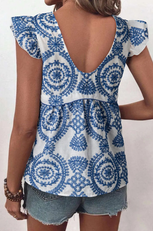 Boho Print Ruffled Cap Sleeve Crew Neck Blue Blouse - Tigbul's Variety Fashion Shop