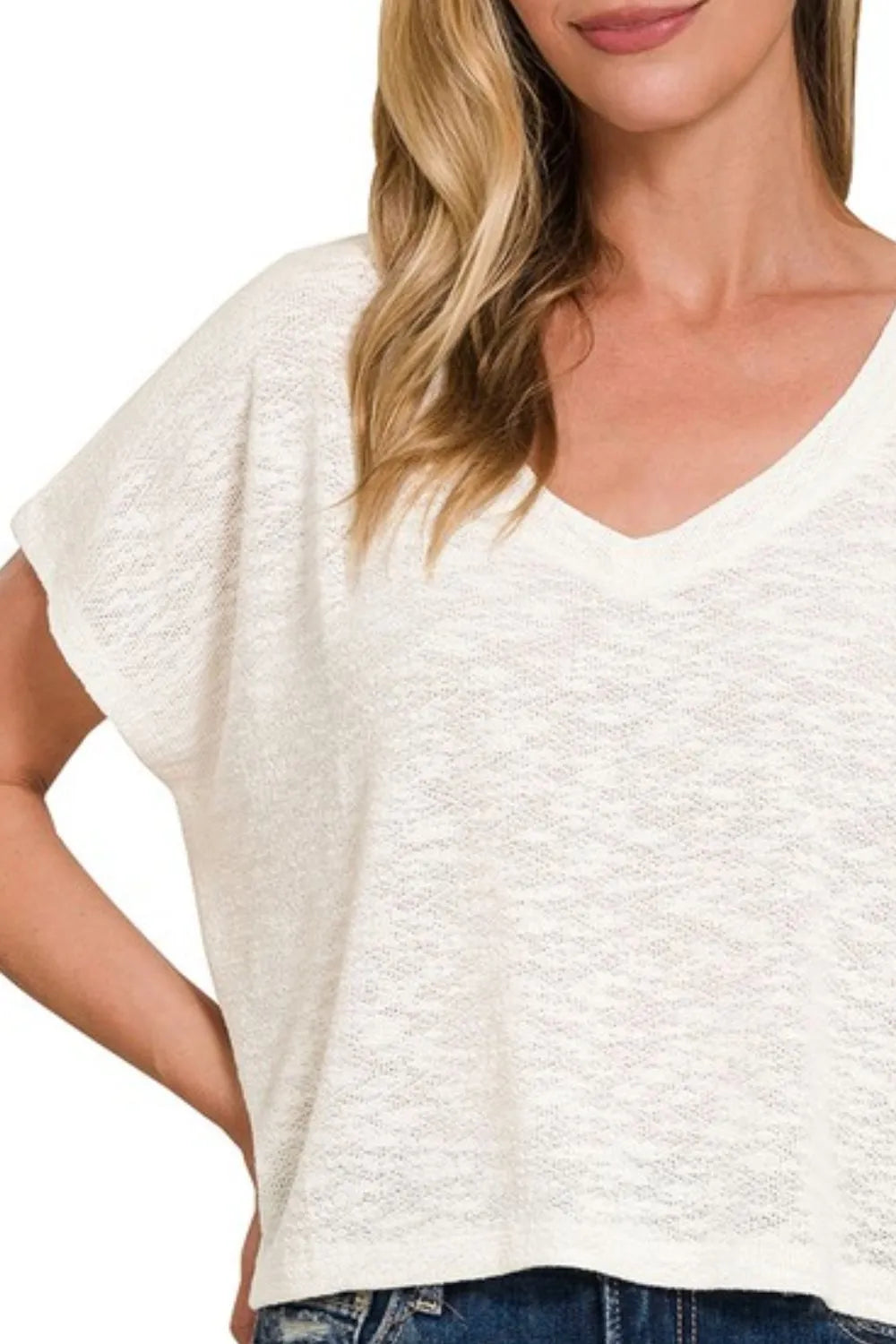 Hacci Slub V-neck Drop Shoulder Ivory Crop Top - Tigbul's Variety Fashion Shop