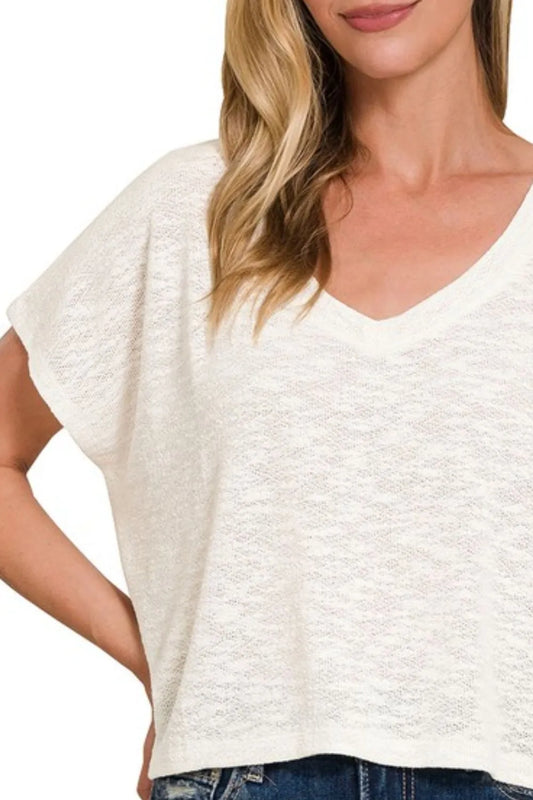 Hacci Slub V-neck Drop Shoulder Ivory Crop Top - Tigbul's Variety Fashion Shop