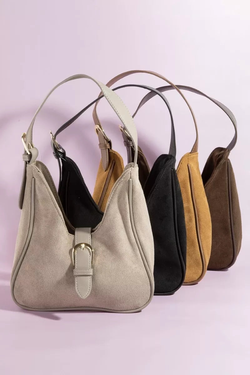 Fame Buckle Accent Faux Suede Hand Bag - Tigbul's Variety Fashion Shop
