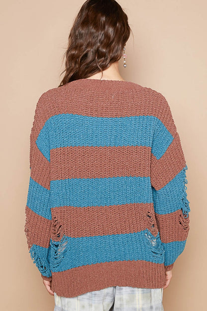 POL Striped Distressed Long Sleeve Sweater - Tigbul's Variety Fashion Shop