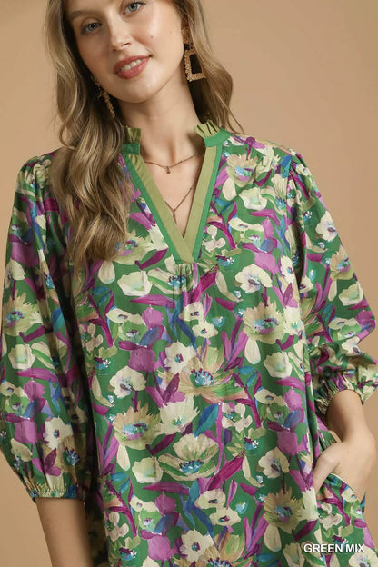 Umgee Boho Floral Balloon Sleeve Mini Dress - Tigbul's Variety Fashion Shop