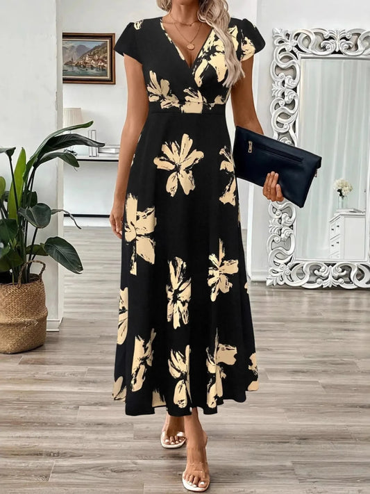 Surplice Short Sleeve Midi Dress - Tigbul's Variety Fashion Shop