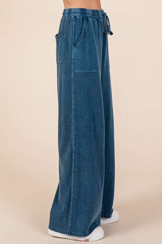 Mineral Wash French Terry Drawstring Wide Leg Pants - Tigbul's Variety Fashion Shop