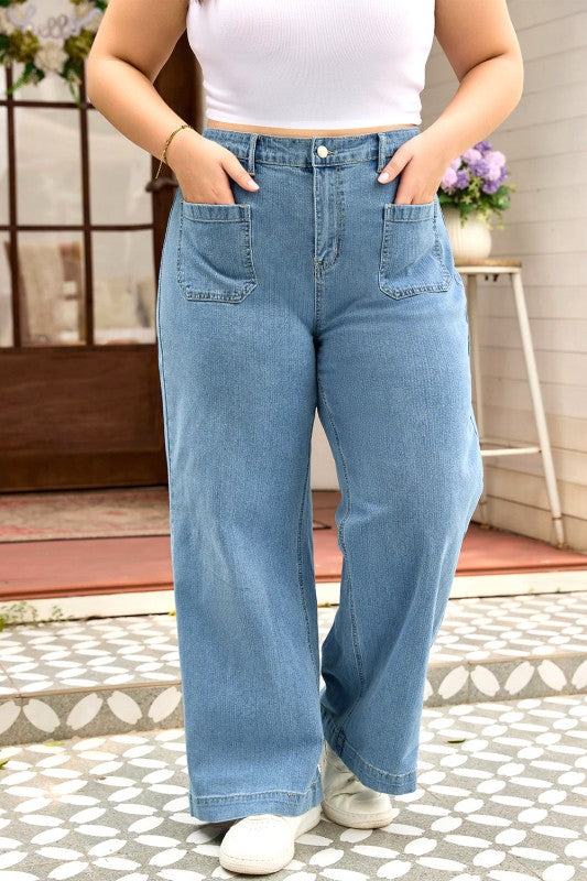 Plus Size Denim Textured Patch Pocket Jeans - Tigbul's Variety Fashion Shop