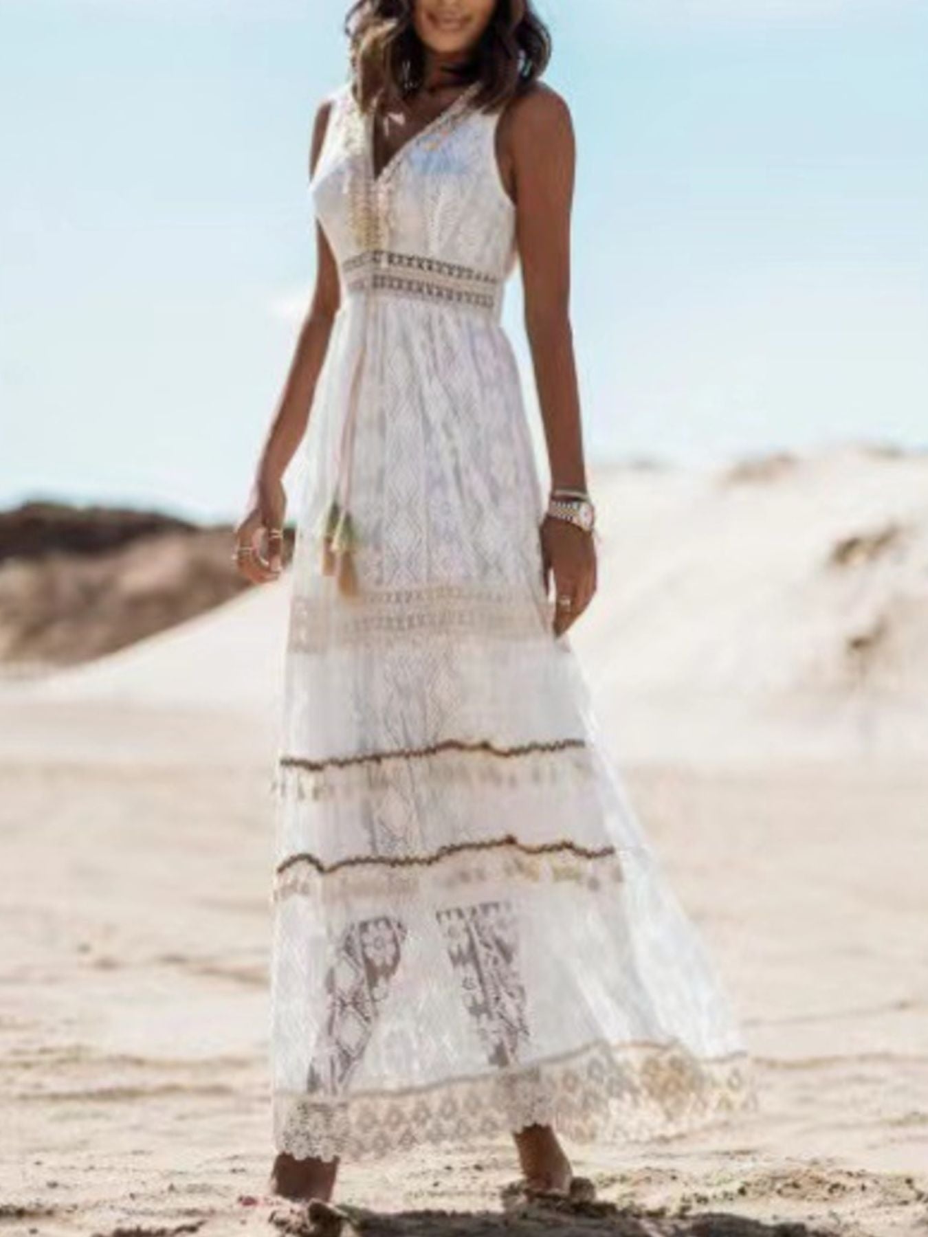 White lace maxi dress, sleeveless V-neck with smocked waist and layered skirt