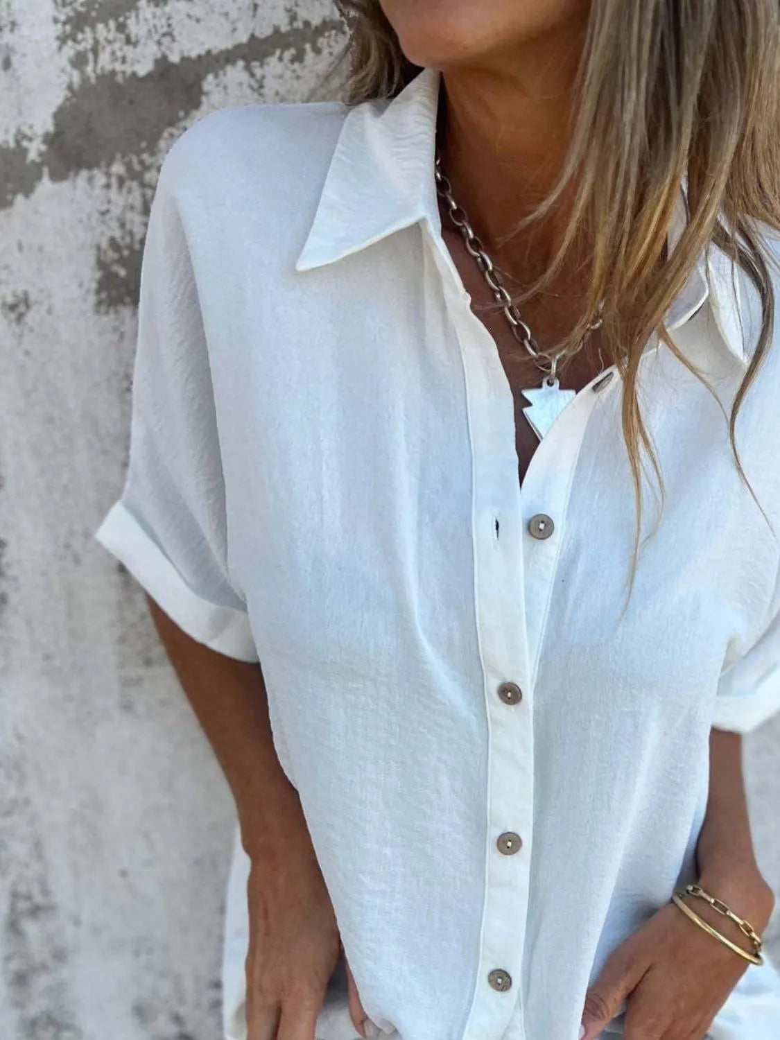 Full Size Collared Neck Half Sleeve Shirt - Tigbul's Variety Fashion Shop