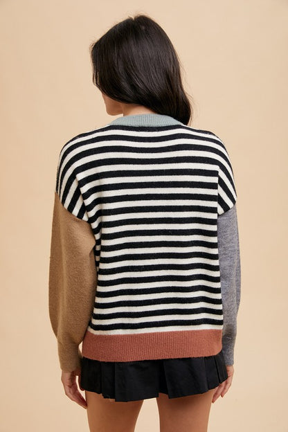 Ivory/Black Striped Color Block Round Neck Sweater - Tigbul's Variety Fashion Shop