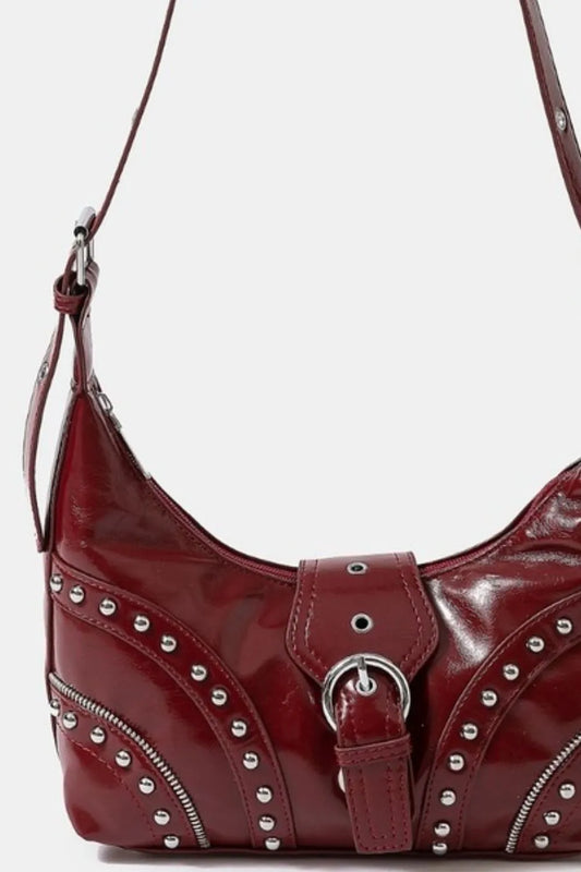 Red Faux Leather Studded Trim Shoulder Bag - Tigbul's Variety Fashion Shop
