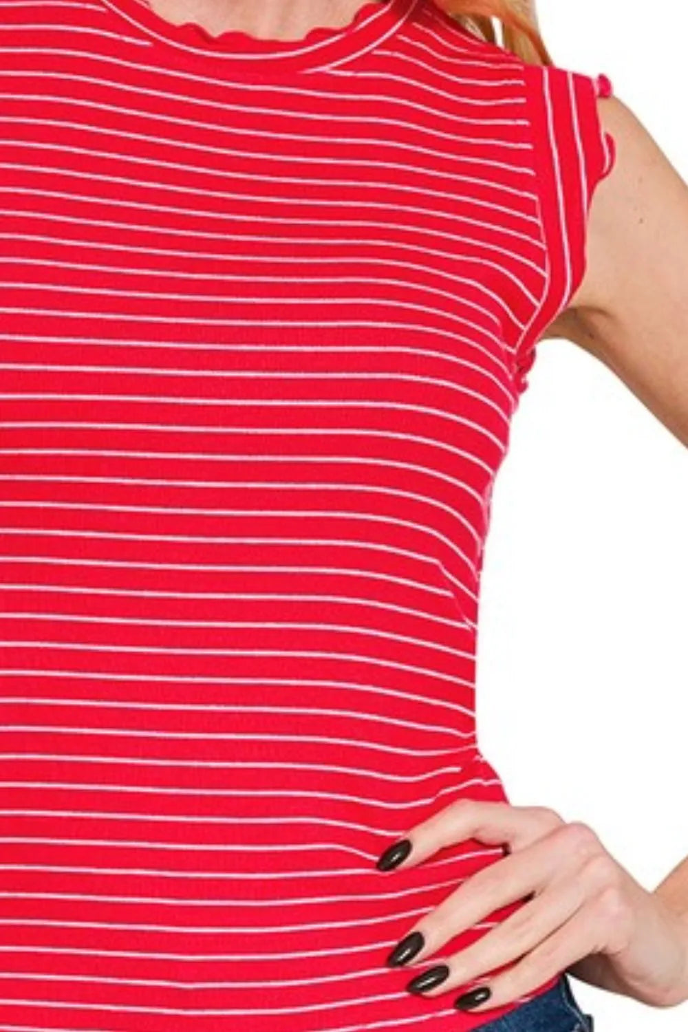 Red Ribbed Ruffle Trim Sleeveless Stripe Top - Tigbul's Variety Fashion Shop