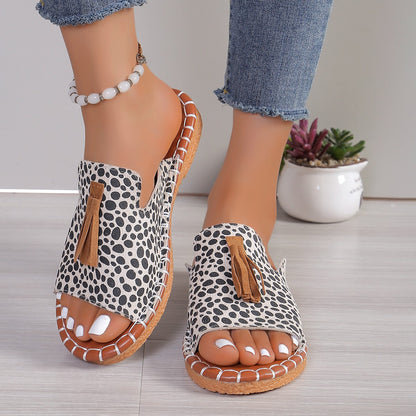 Fringe Leopard Open Toe Sandals - Tigbul's Variety Fashion Shop