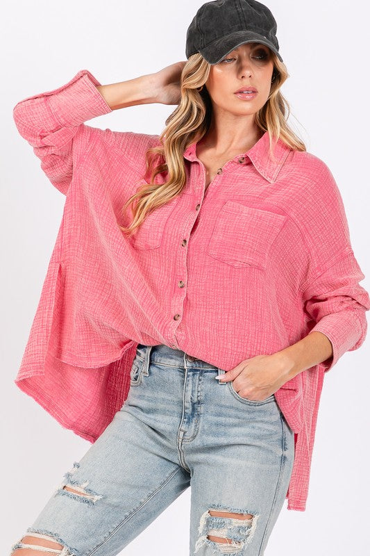 Pink Frayed Hem Side Slit Button Down Shirt - Tigbul's Variety Fashion Shop