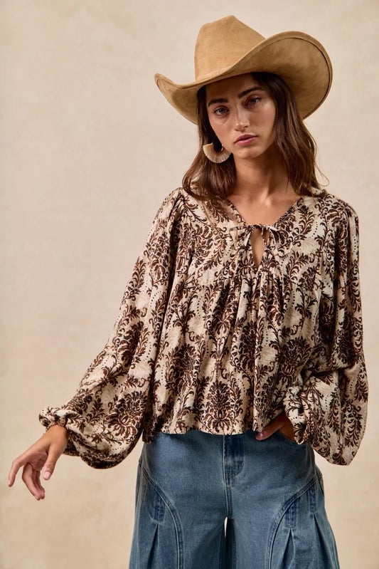 BiBi Printed Woven Front Tied Blouse with Baloon Sleeve - Tigbul's Variety Fashion Shop