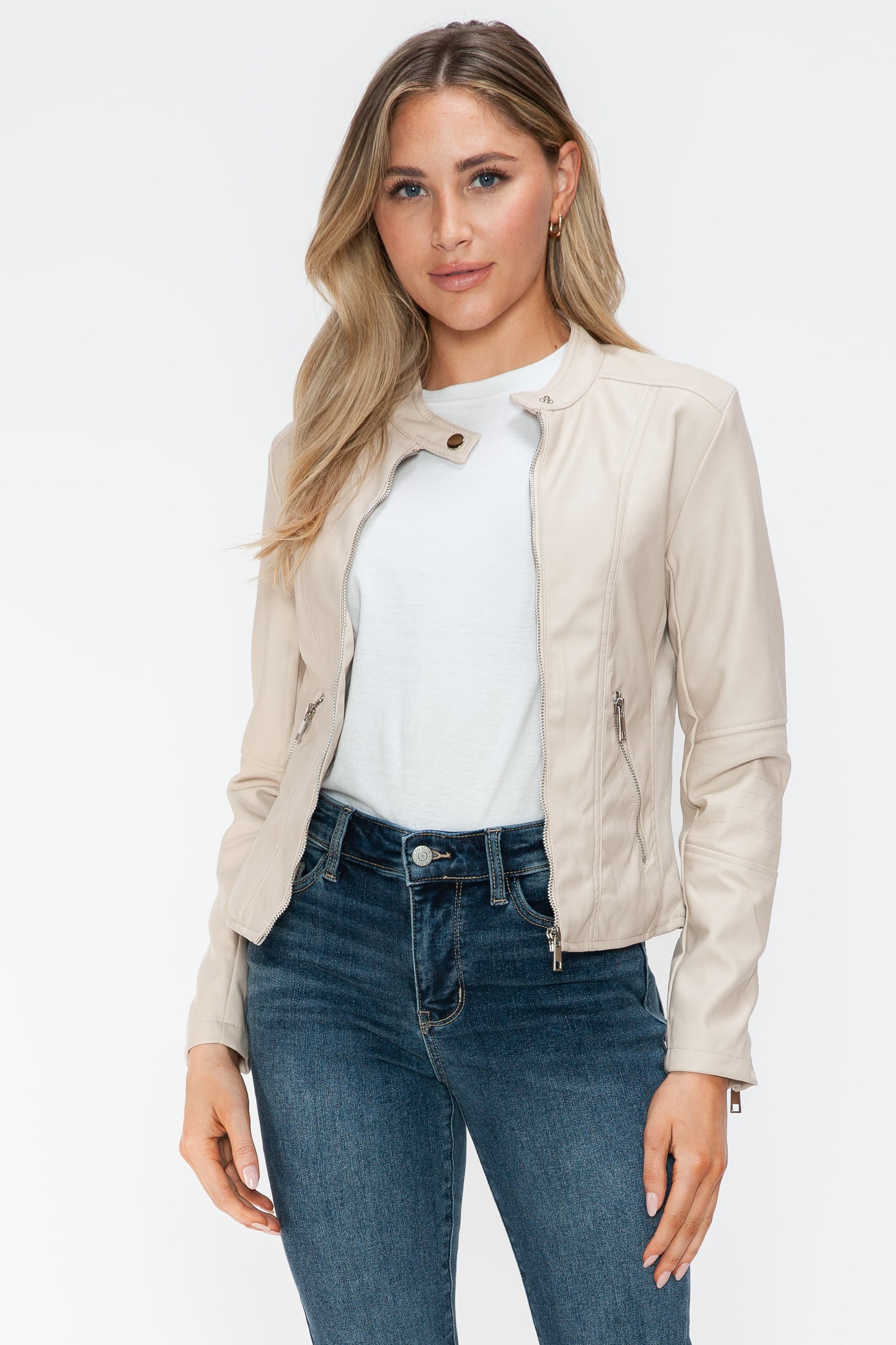 PU Leather Zip Up Jacket with Pockets in Sand Color