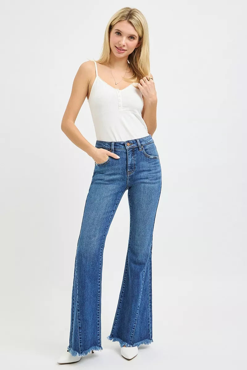 Mid-rise flare jeans with side seam detailing, dark wash denim