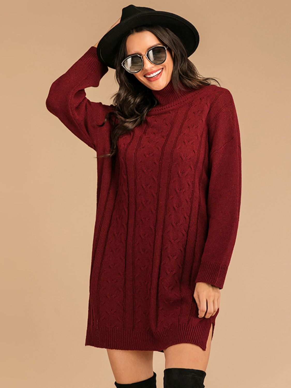 Perfee Slit Turtleneck Long Sleeve Mini Sweater Dress - Tigbul's Variety Fashion Shop