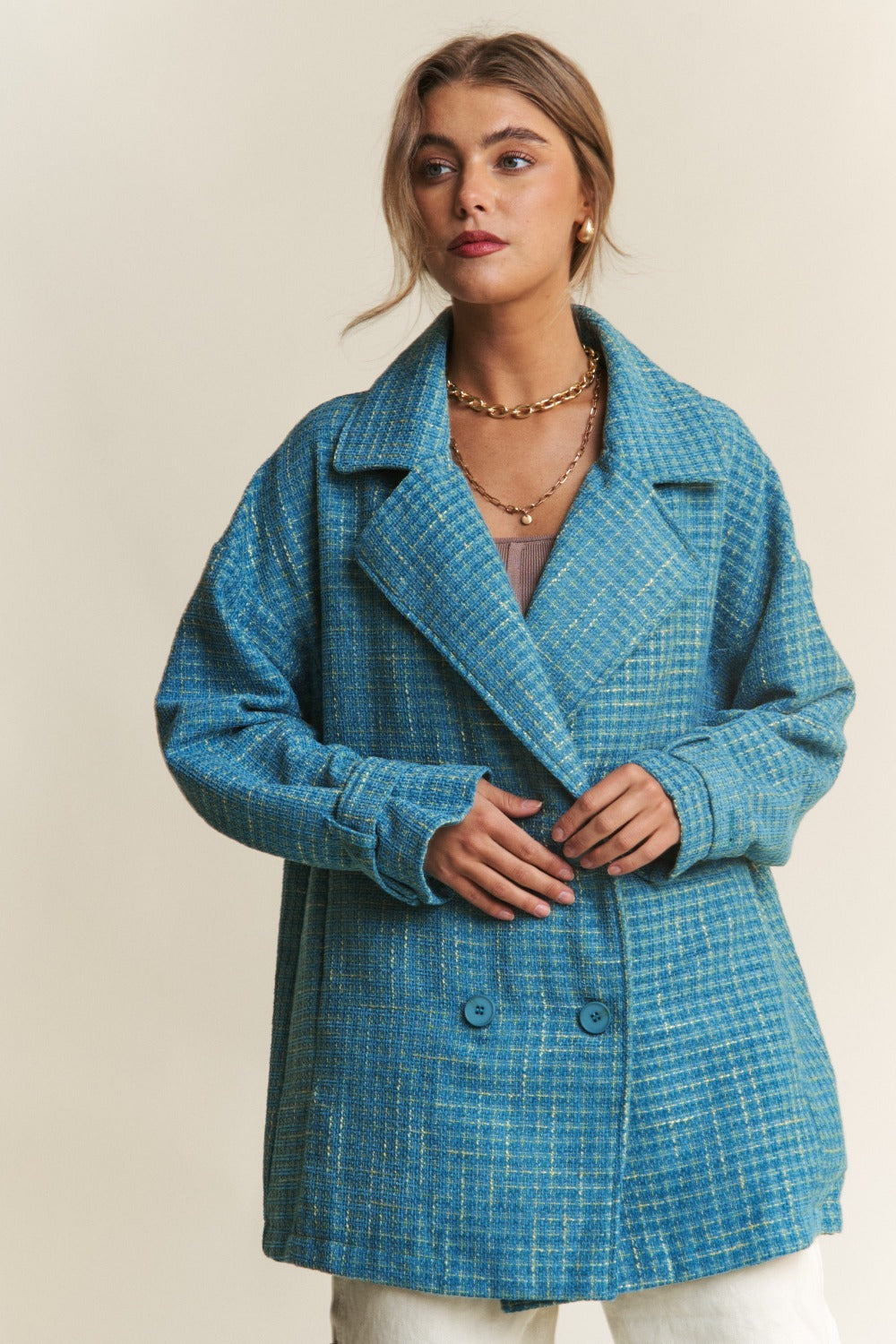 Tweed Double-Breasted Long Sleeve Coat - Tigbul's Variety Fashion Shop