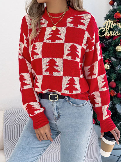 Christmas Tree Checkerboard Pattern Sweater - Tigbul's Variety Fashion Shop